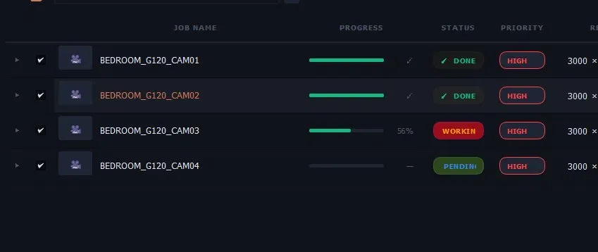 Smart Batch PRO — lista de jobs por câmera com progresso e status