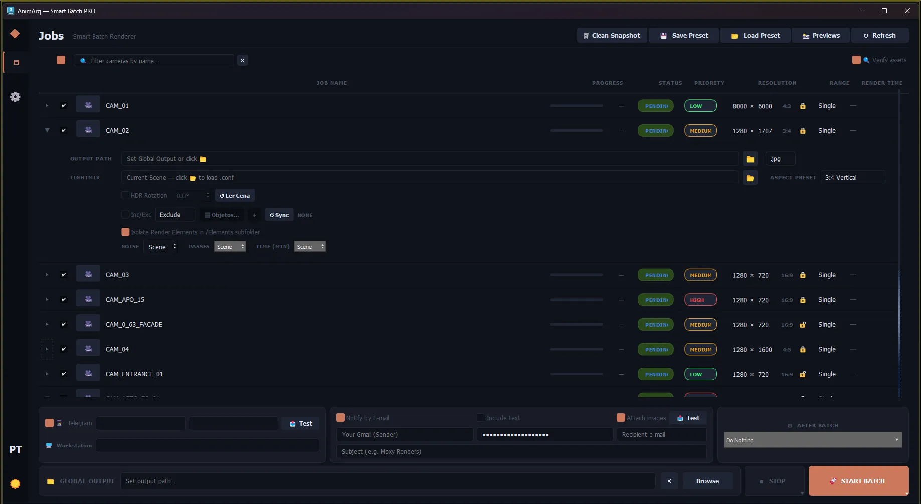Fila de câmeras do Smart Batch PRO, com status e prioridade por trabalho